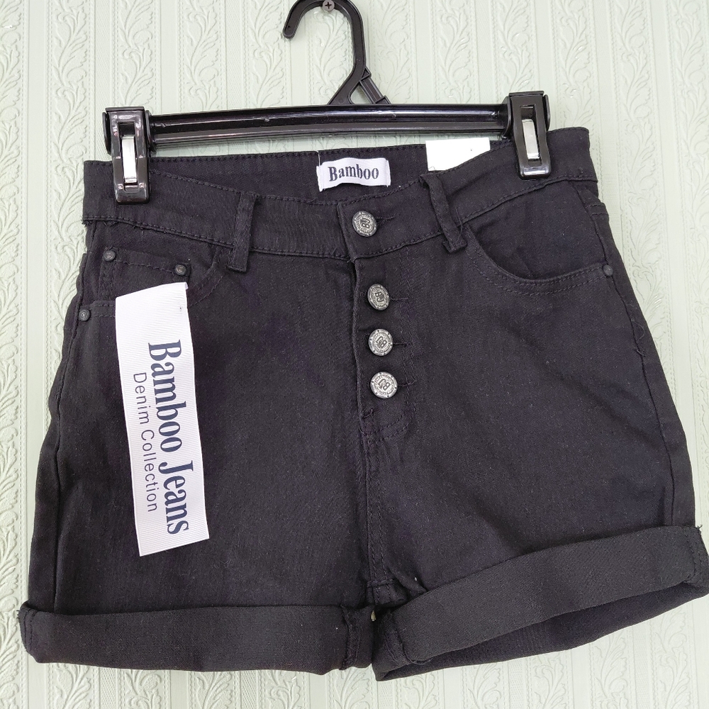 Nwt!! BAMBOO Womens Black Denim Shorts 5 Spring Summer Casual Button Fly